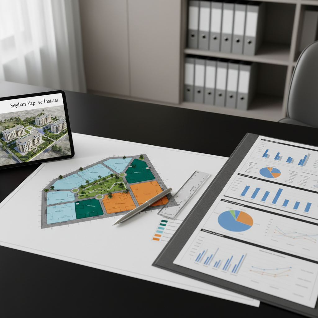 A detailed close-up of investment and project planning materials on a refined, matte black desk in a modern office. A printed site development plan with color-coded zones for residential blocks, green areas, and commercial units lies beneath a polished metal pen and a clear acrylic ruler. Beside it, an open folder shows charts and graphs illustrating return on investment and project timelines. A tablet displays a high-resolution aerial rendering of a completed housing complex branded subtly with “Seyhan Yapı ve İnşaat” in the corner. Neutral-toned walls and a blurred shelf with organized binders frame the background. Soft, diffused daylight from a nearby window creates minimal reflections and gentle shadows. Photographic realism with a top-down, slightly angled composition, evoking clarity, transparency, and data-driven, secure investment decisions.