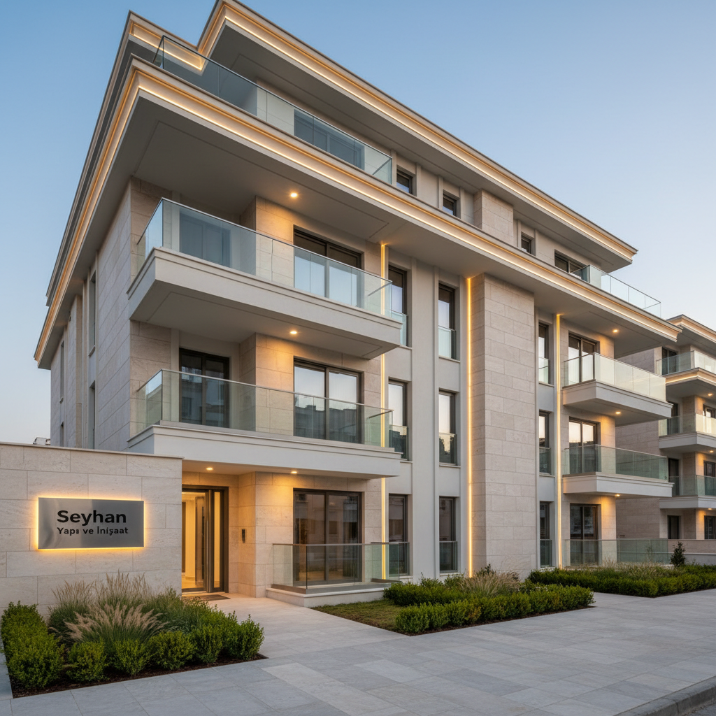 A pristine, newly completed residential building exterior designed with a mix of light-colored stone cladding, smooth plaster surfaces, and spacious glass balcony railings. The façade features precise geometric lines, deep window reveals, and carefully integrated warm-toned LED architectural lighting. At street level, a clean, paved entry plaza with low-maintenance greenery, trimmed hedges, and discrete signage reading “Seyhan Yapı ve İnşaat” stands prominently on a brushed metal panel beside the entrance door. Early evening light transitions the sky to a subtle blue gradient while building lights begin to glow, casting gentle reflections on glass. Photographic realism from a slightly low, wide-angle perspective emphasizes solidity and prestige, creating a mood of trust, long-term value, and secure real estate investment.