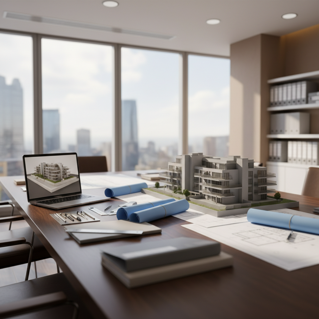 A sleek, well-organized architectural project office interior with a large dark-wood conference table covered by neatly rolled blueprints, crisp technical drawings, and a silver metal scale model of a contemporary apartment complex. A high-end laptop shows a 3D rendering of the same project, while precision tools, a metal ruler, and labeled folders are aligned carefully along the edge. Floor-to-ceiling windows reveal a blurred cityscape outside. Neutral-toned walls and minimalist shelves with orderly binders complete the scene. Soft daylight filters through, complemented by discreet recessed ceiling lights, creating a bright yet calm atmosphere. Photographic realism at eye level, with a shallow depth of field that keeps the table in sharp focus, conveying strategic planning, professional expertise, and meticulous project development.